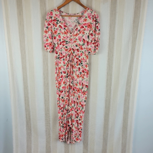 Old Navy Puff-Sleeve V-Neck Crepe Midi Dress Floral Pink Red Size Small - Picture 2 of 10